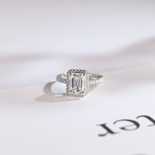 Stunning 1.0 - 2.0 CT Emerald Moissanite Engagement Ring with Pave and Halo Design 1